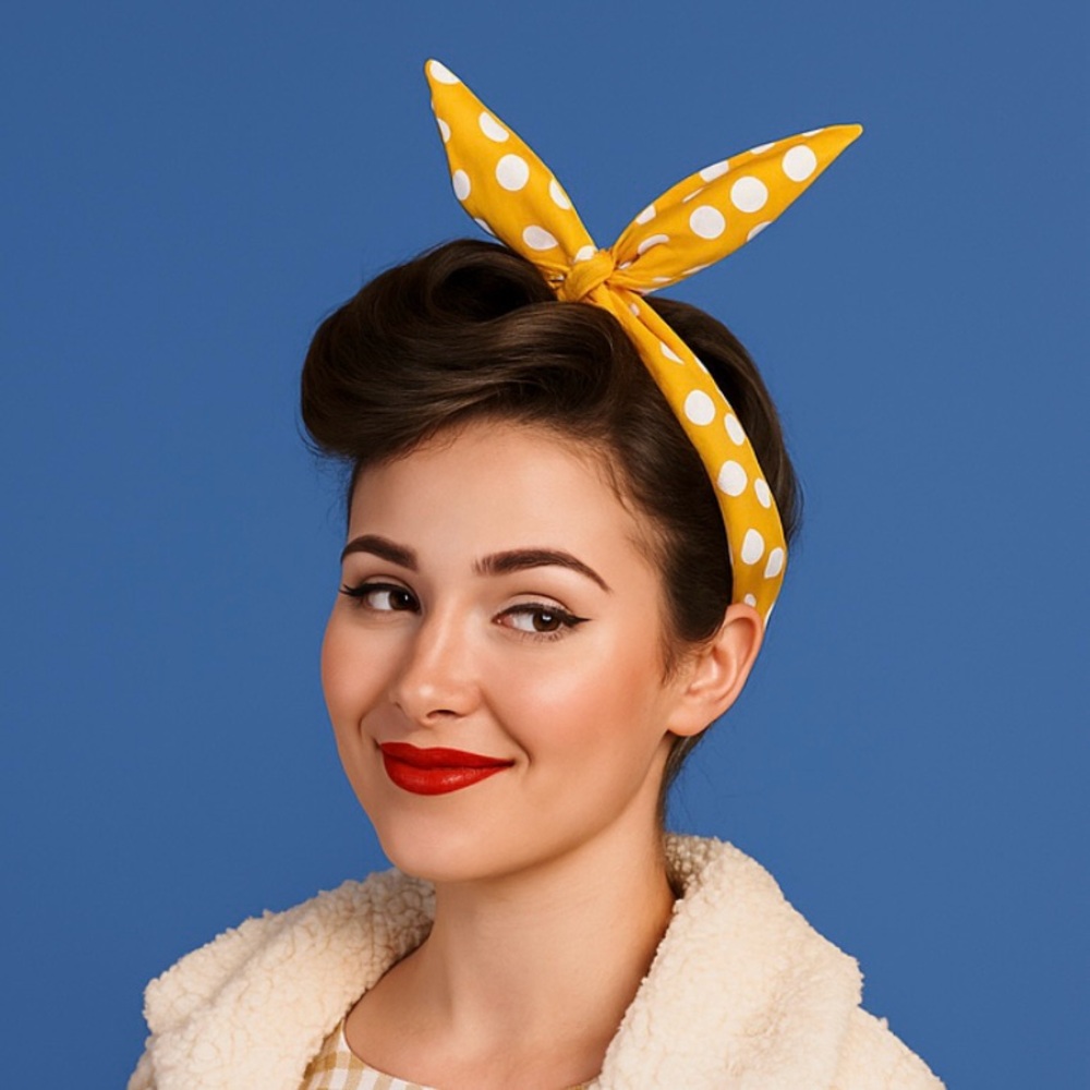 Set 2 Retro Twist Bow Wired Posable Headbands Neckerchiefs Yellow Black Polkadot